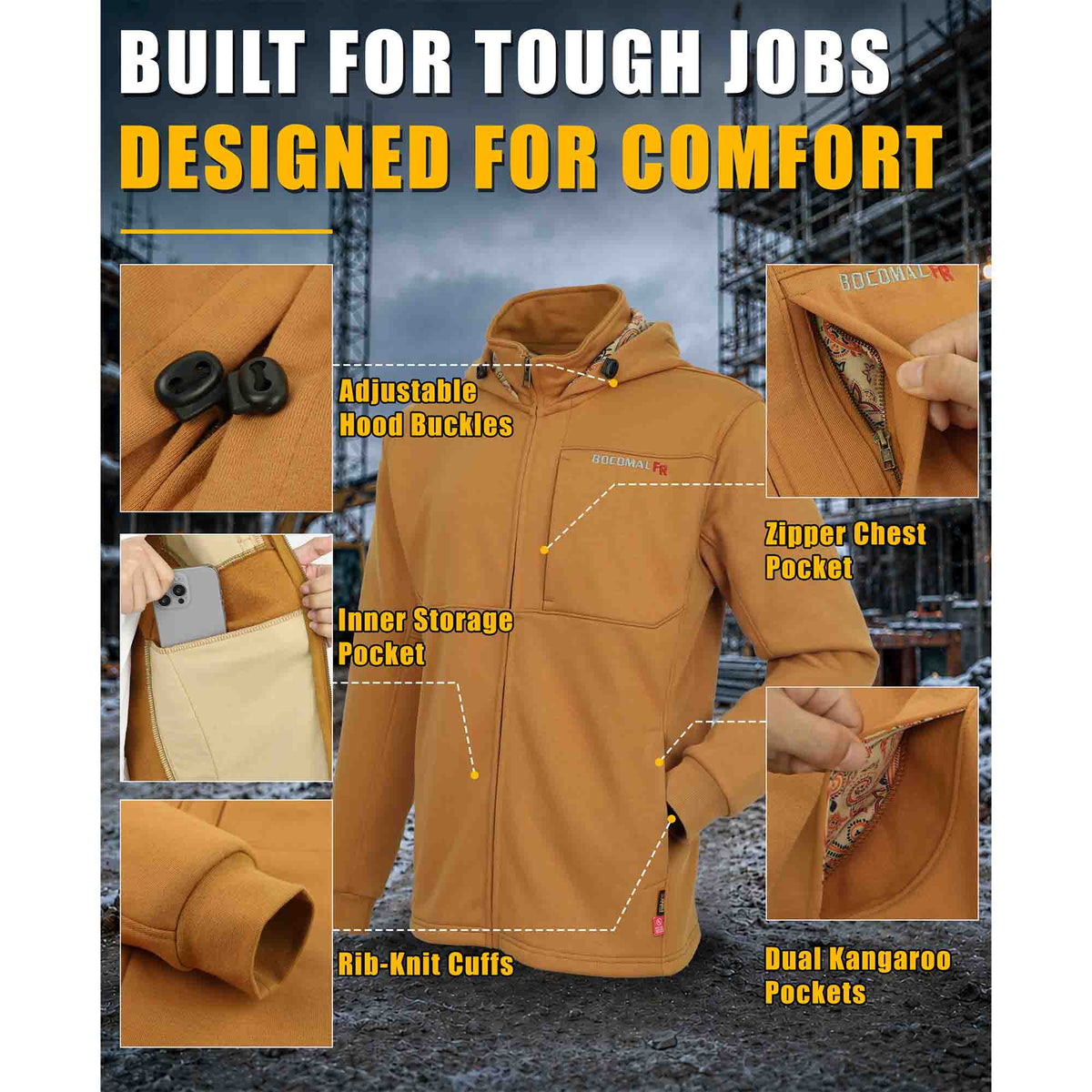 12 oz Fleece Zip Up Mock Neck Hooded FR Jackets - C631