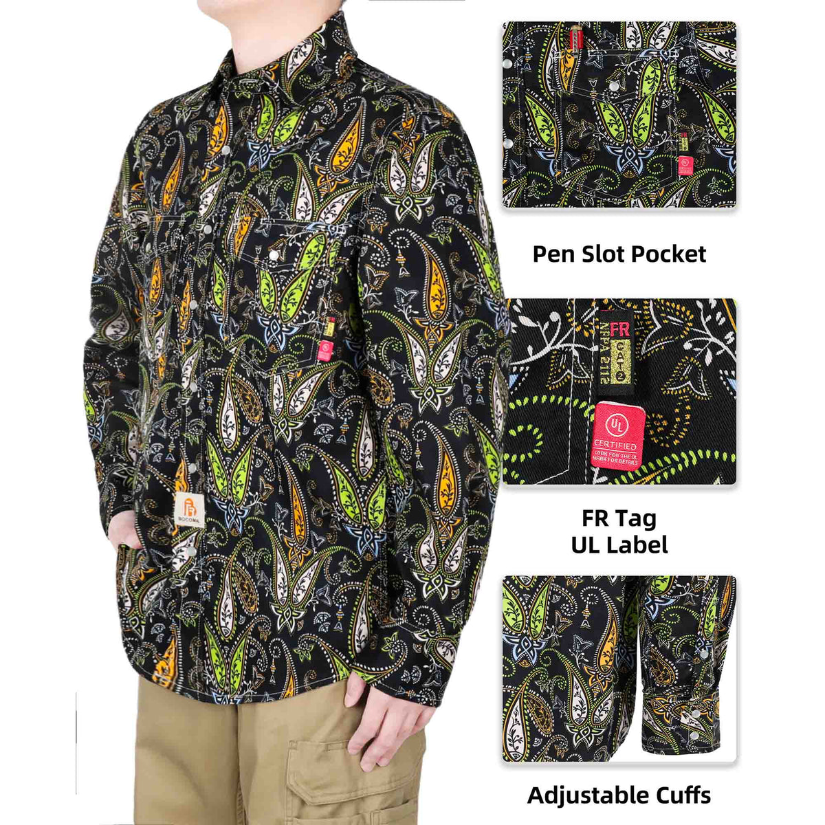 Bocomal pearl snap FR work shirt product feature image