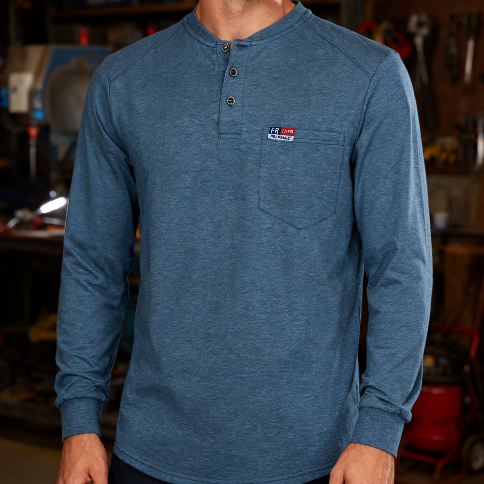 6OZ Henley Cotton Tencel Heather Blended Flame Resistant Work T-Shirt - A235