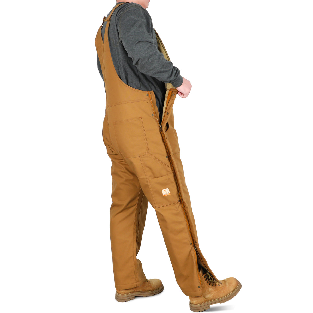 Bocomal 8704 khaki zip-front insulated FR bib overalls side view