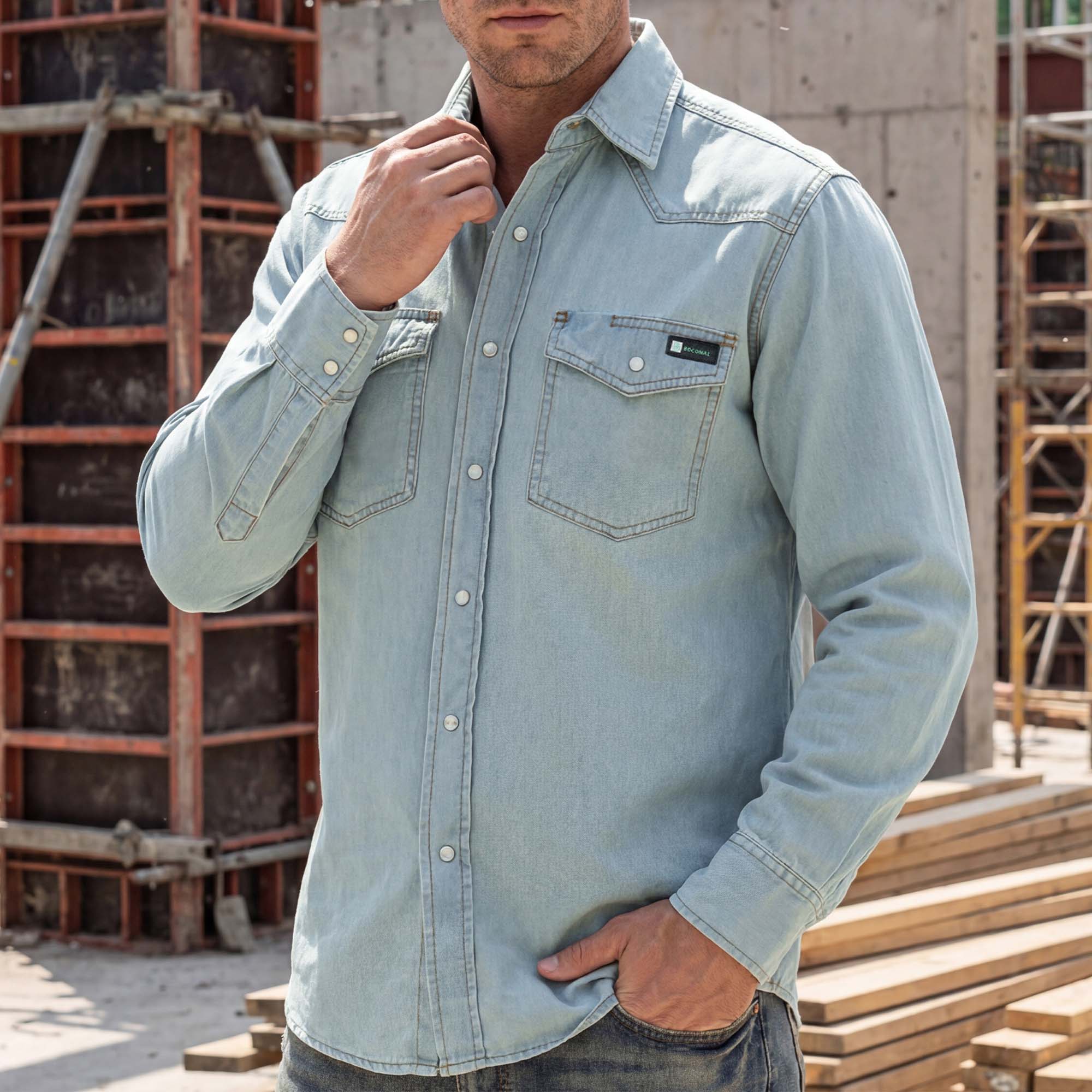 6.5 oz Washed Denim Pearl Snap Work Shirt 0930 | Bocomal