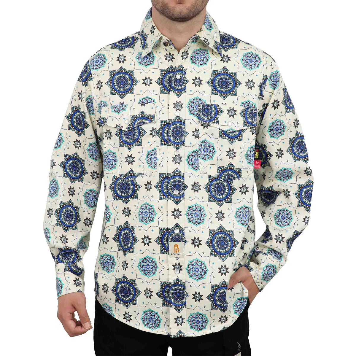 Bocomal pearl snap FR work shirt product feature image