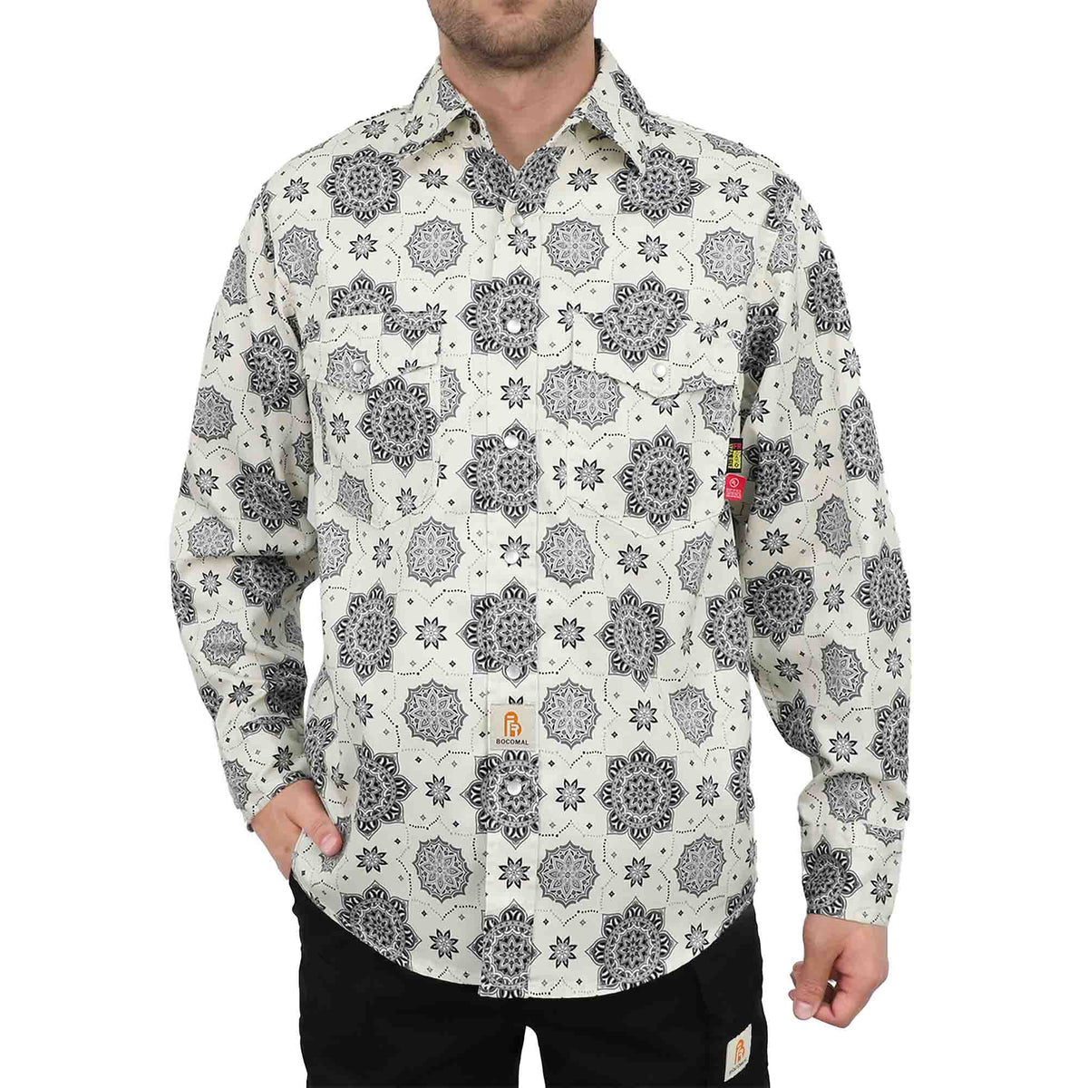 Bocomal khaki pearl snap FR work shirt product view