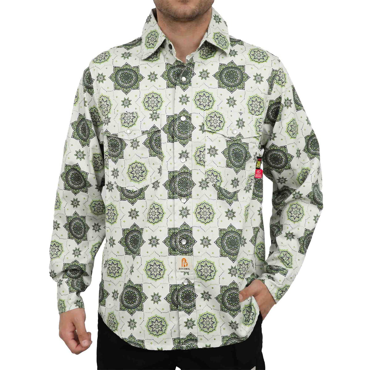 Bocomal pearl snap FR work shirt product feature image