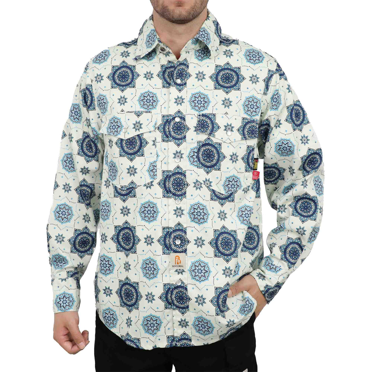 Bocomal khaki pearl snap FR work shirt product view