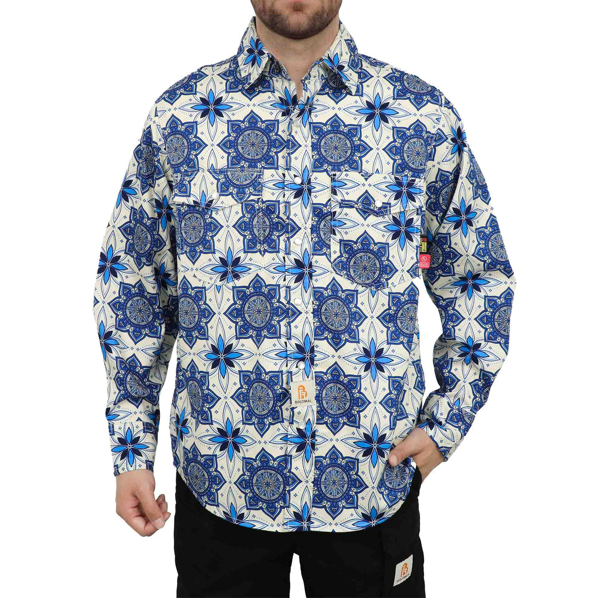 Bocomal pearl snap FR work shirt product feature image