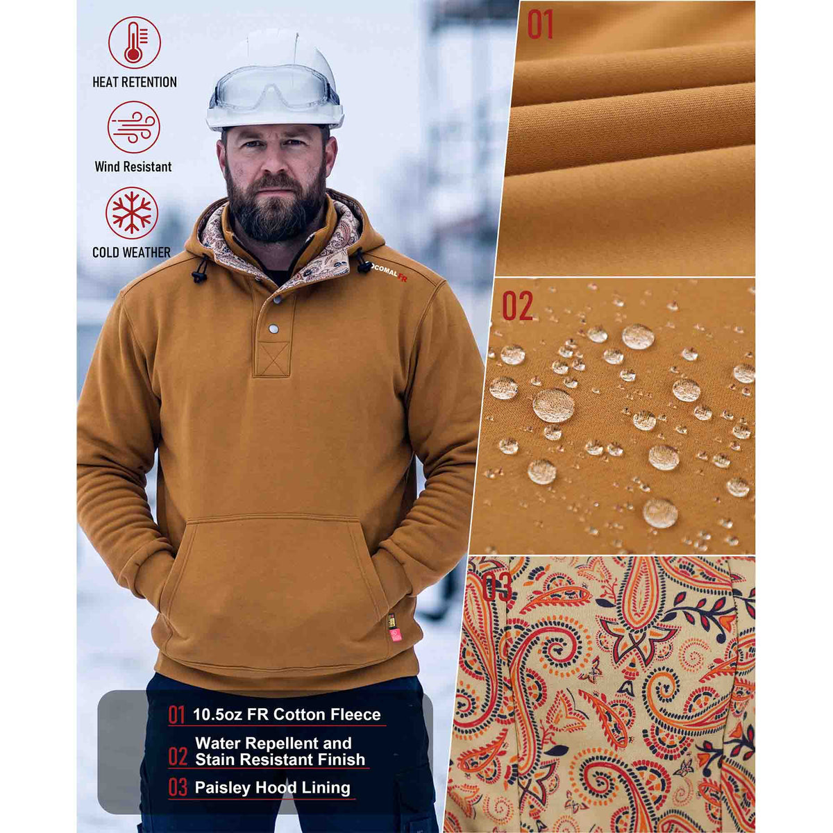 10.5 oz FR Quarter Zip Flapped Mock Neck Hooded Fleece Sweatshirts - C709