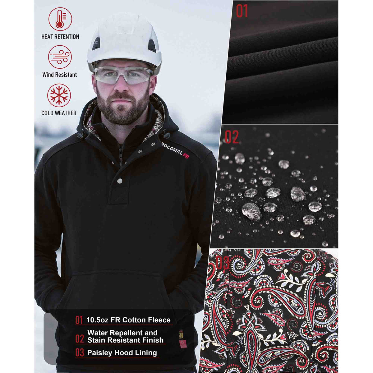 10.5 oz FR Quarter Zip Flapped Mock Neck Hooded Fleece Sweatshirts - C709