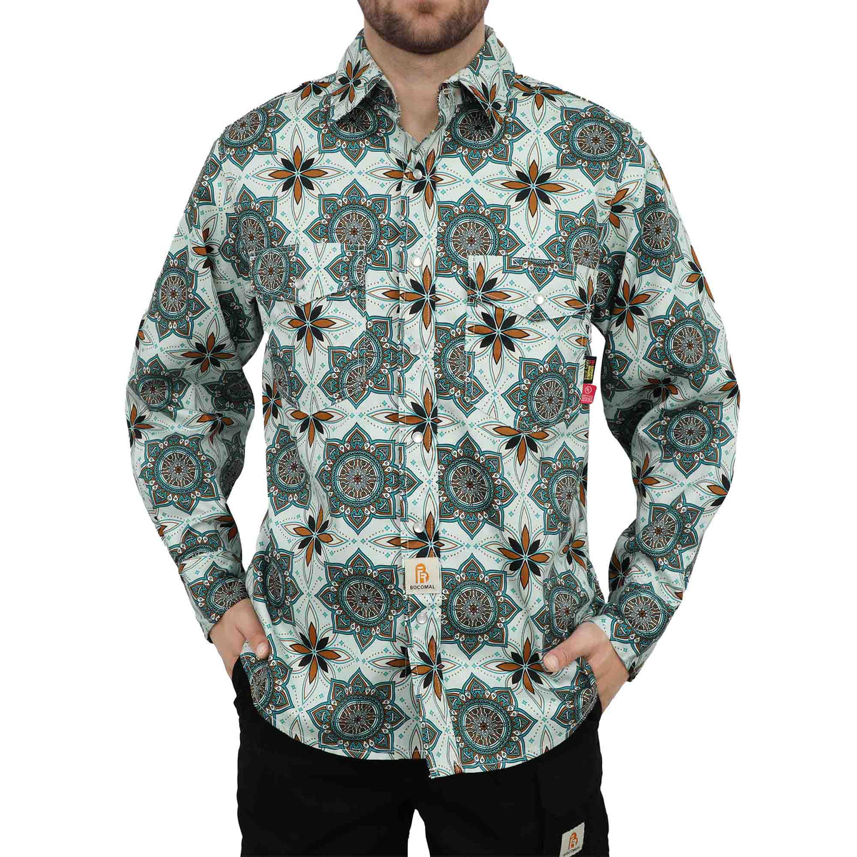 Bocomal pearl snap FR work shirt product feature image