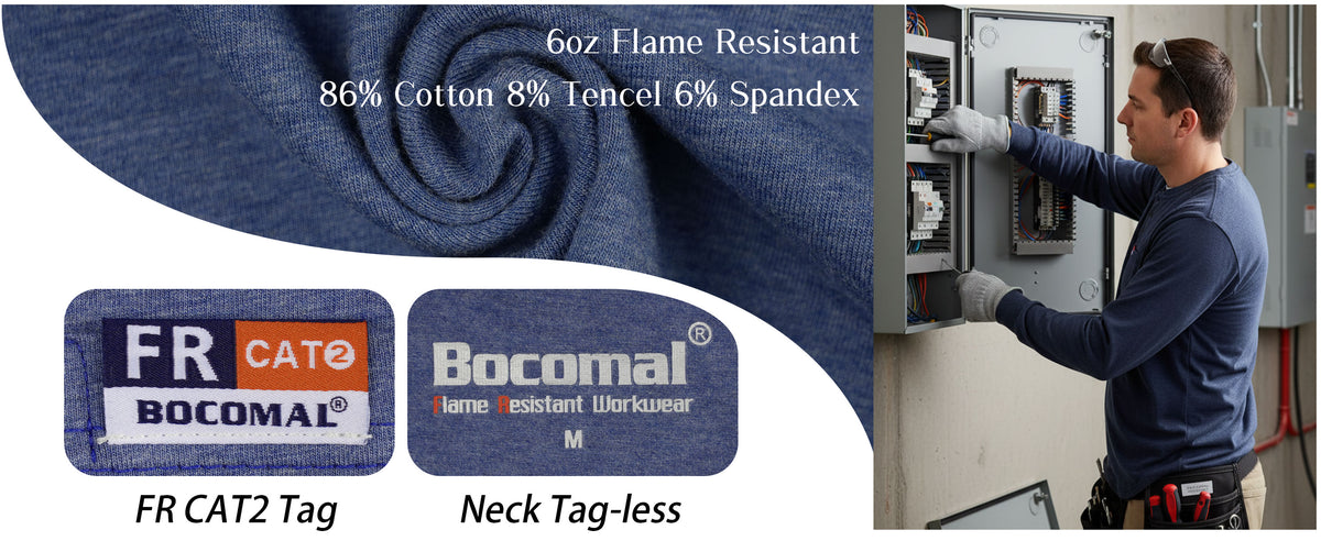 6OZ Henley Cotton Tencel Heather Blended Flame Resistant Work T-Shirt - A235
